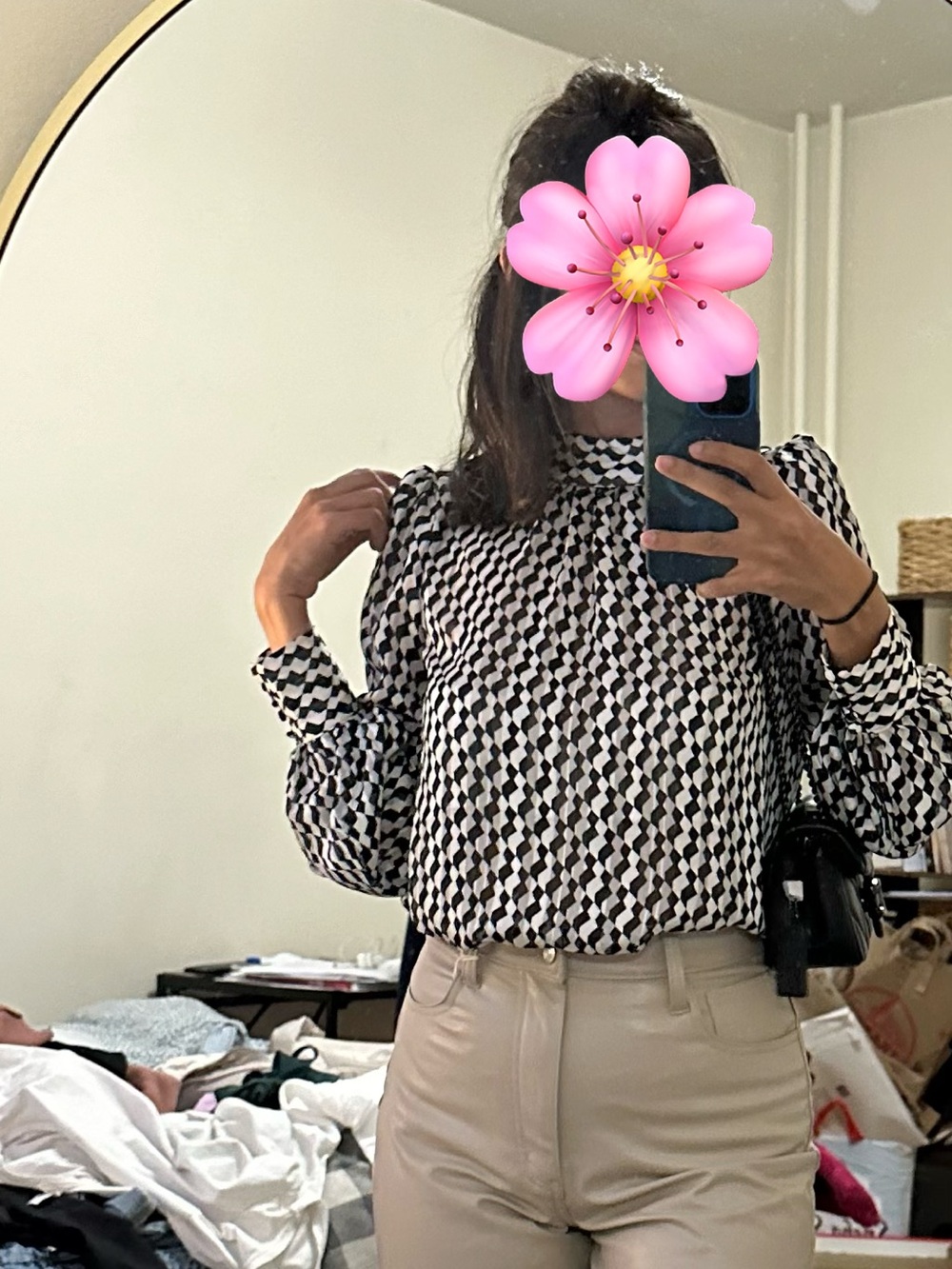 H&M Black and White Geometric High-Neck Puff-Sleeve Blouse | XS Business Casual